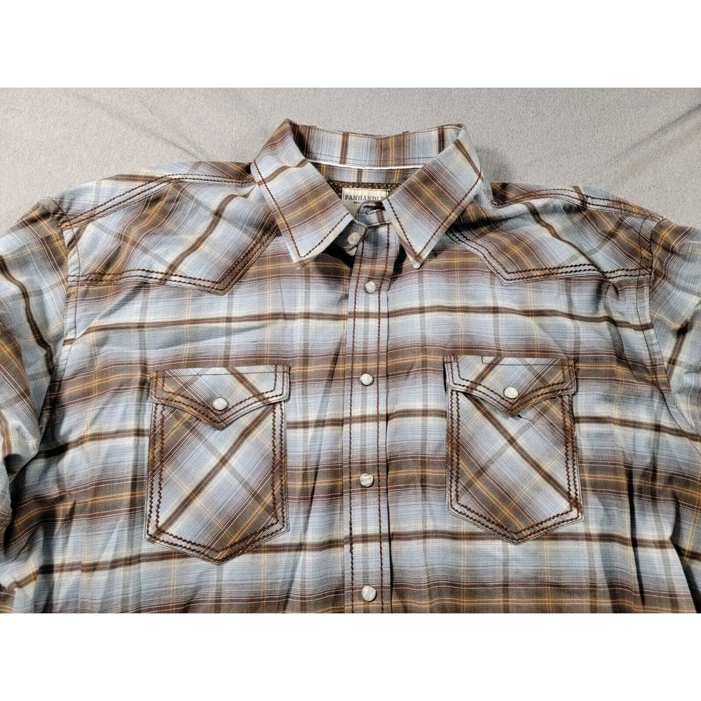 Panhandle Rough Stock Western Shirt XL Blue Plaid Pearl Snap Flip Cuff, Stretch